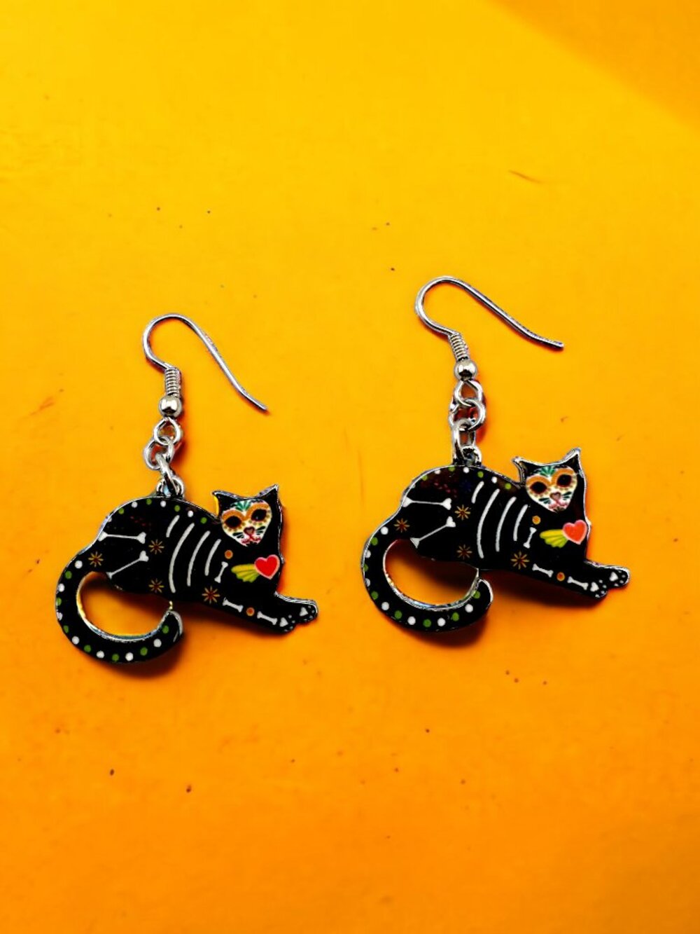 Skeleton Cat Earrings Heart Collar Surgical Steel Handmade Halloween Dangle 2"